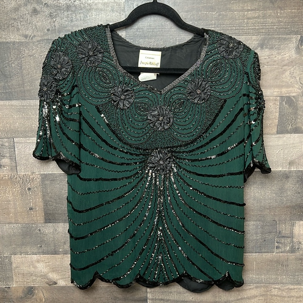 Stunning Green and Black Joseph Ribkoff Formal Blouse